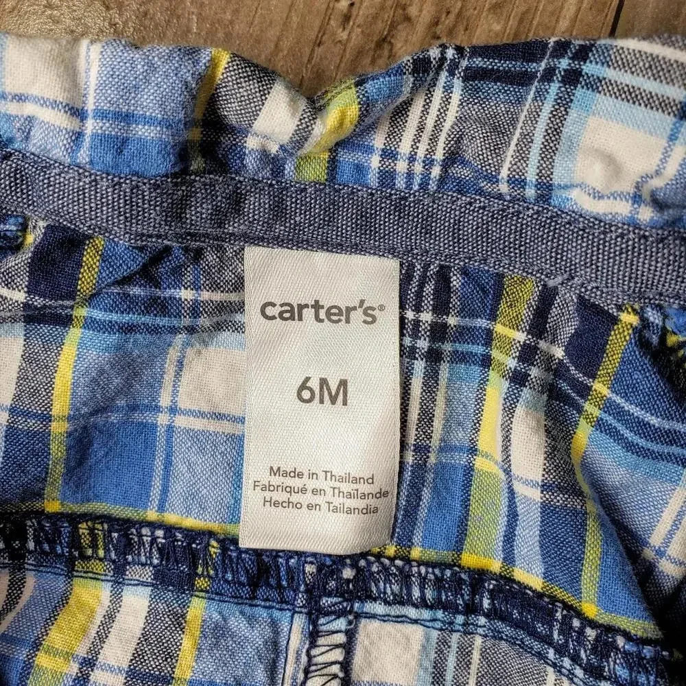 Carter's Baby Boy Size 6m Blue Yellow Plaid Romper Shortall 100% Cotton EUC